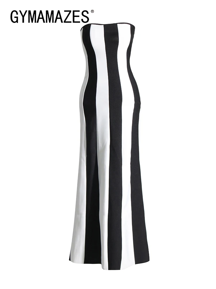GYMAMAZES Striped Slimming Dresses For Women Strapless Sleeveless High Waist Temperament Dress Female Fashion Chic Clothing 2023