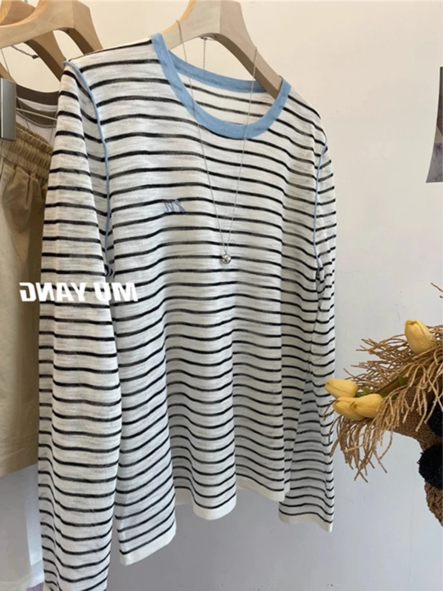 Leak-Picking Women clothes Big Brand Clearance Contrast Color Stripe round Neck Ice Silk Sun Protection Long sleeves Shirt Su...