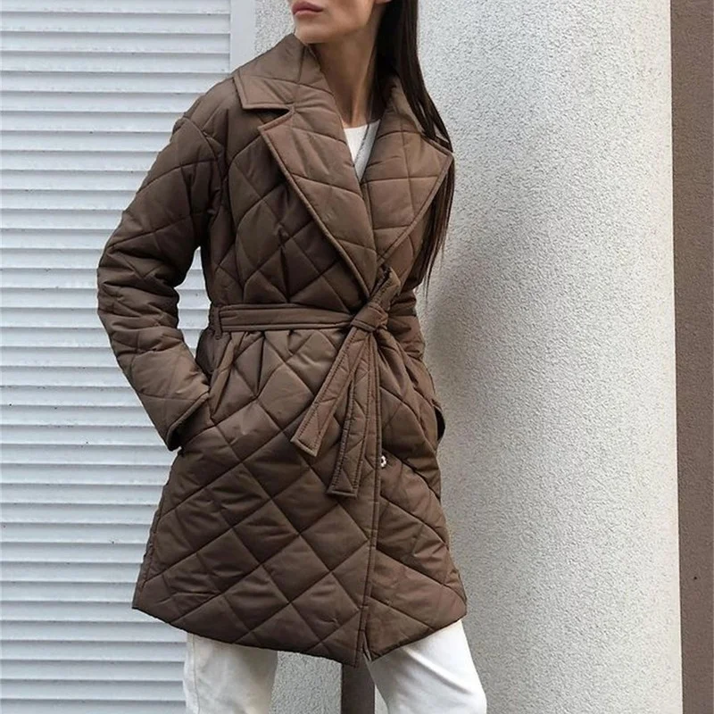 Fashion All-match Design Waist Pocket Padded Jacket Women 2021 Fall/winter Women's New Style Lapel Mid-length Padded Jacket