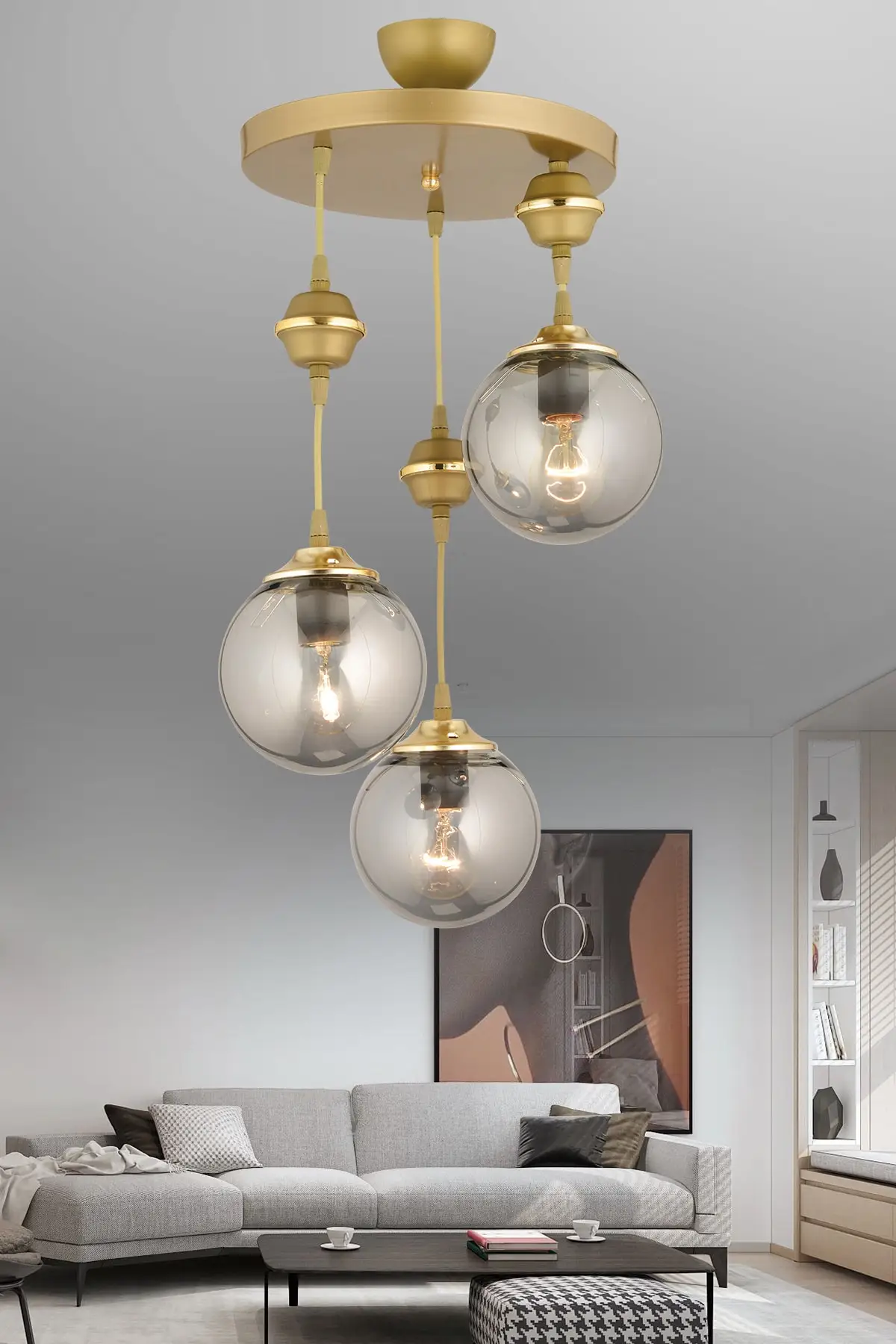

Hanging Tray Tumbled 3 Piece Fume Glass Downward Facing Luxe Chandelier