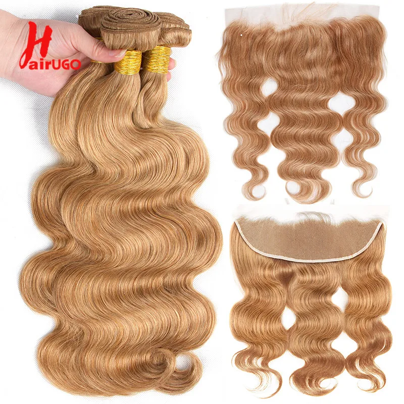 HairUGo 27# Honey Blonde Human Hair Bundles With Lace Front Body Wave Brazilian Front With Bundles Weaving Remy Hair Extension