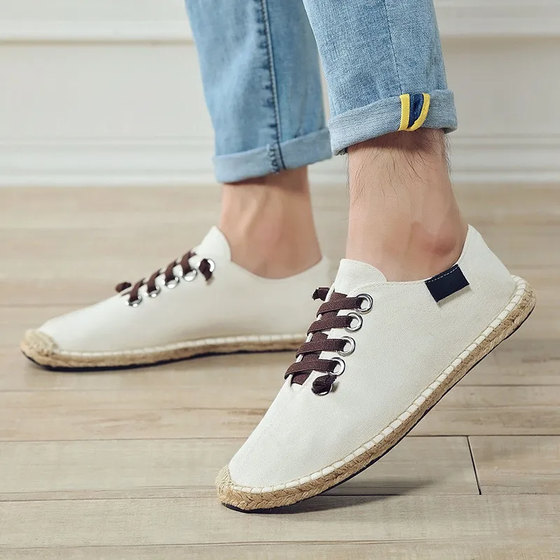 

Summer Canvas Shoes Ethnic Style Hemp Insole Fisherman Breathable Cool Men Sneakers Casual Flat Loafers Espadrille