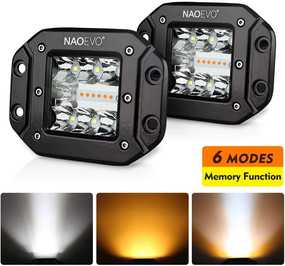 

NAOEVO 2 PCS 72W Flush Mount LED Work Light Bar Pods 5 Inch 12V 24V White Amber 6 Mode Fog Led Light for Auto Truck SUV Offroad