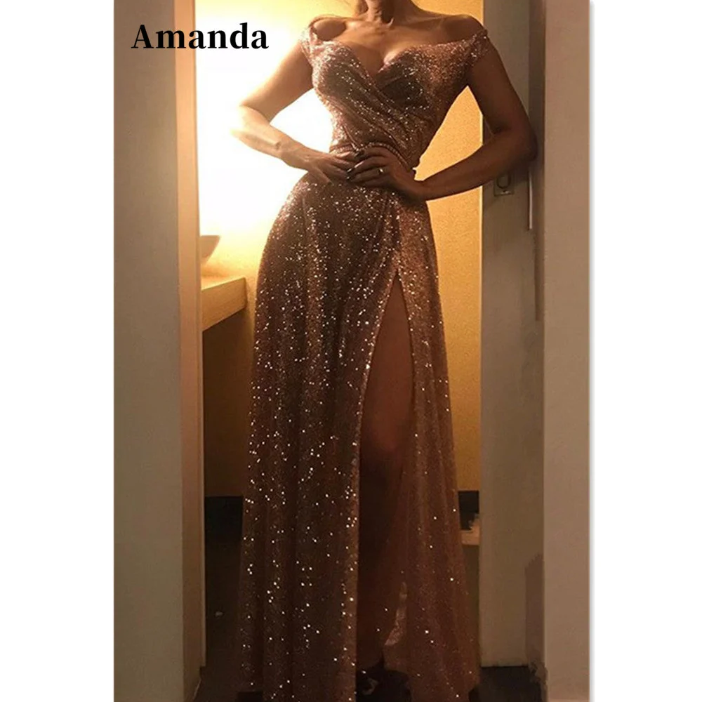 

Amanda Shiny Champagne Prom Dress Flashing A-line فستان سهرة Sexy Side Split Vestido De Novia Bright Floor Lenght Prom Gown