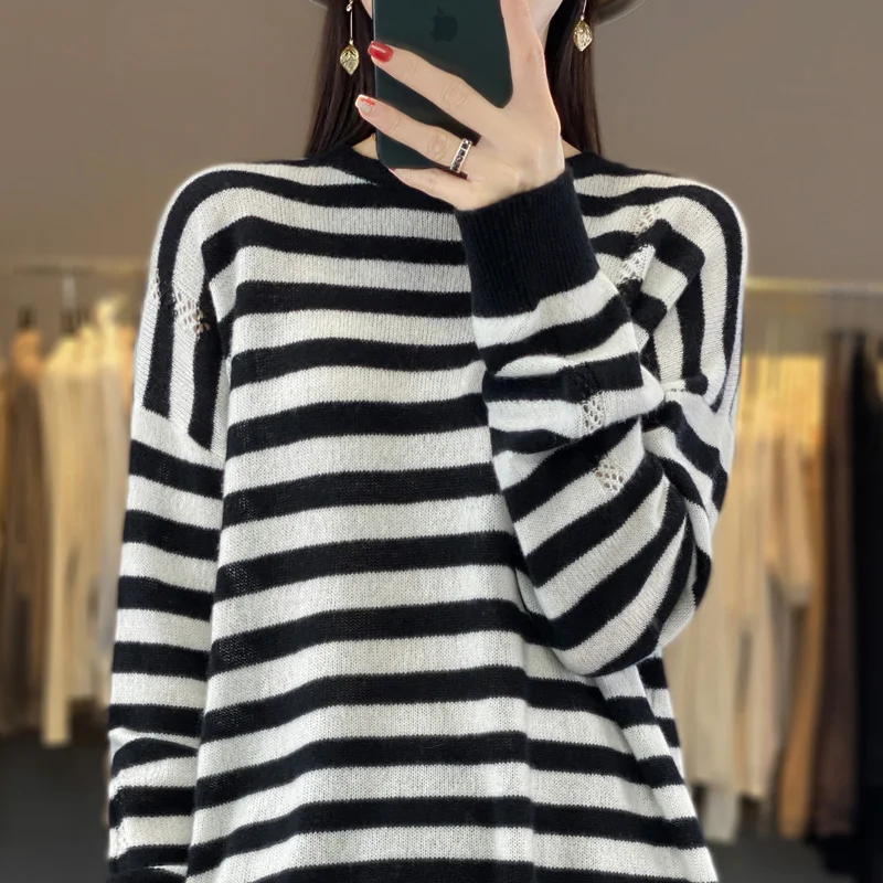 

Женский трикотажный свитер в контрастную полоску, свободный трикотажный свитер из 100% шерсти с круглым вырезом, осень 23