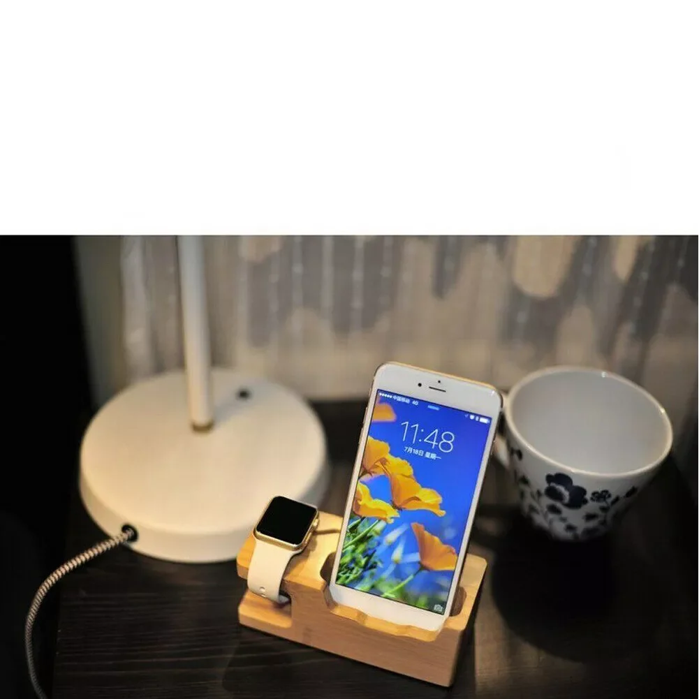 

Office DC 5V Mount Bamboo Wood USB Accessories Stand Charging Dock 2 In 1 Station Desktop Watch