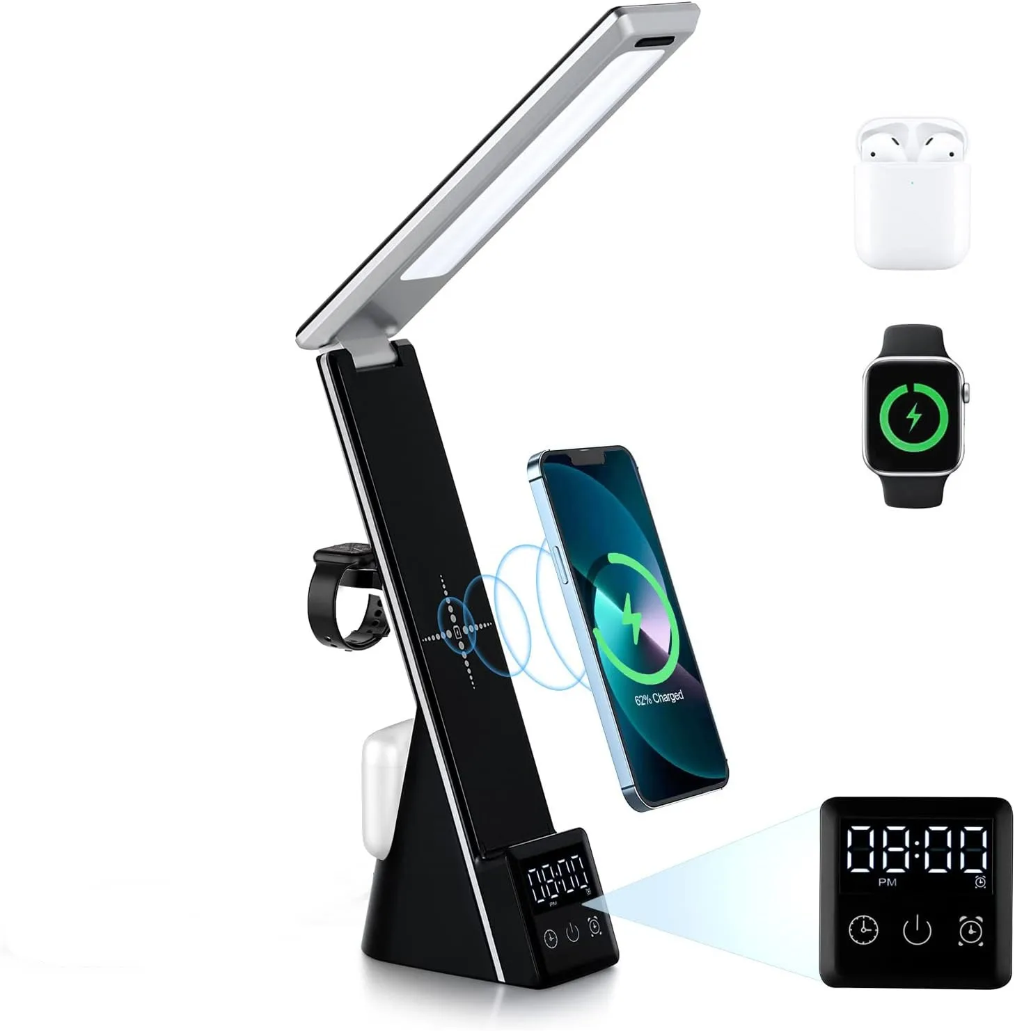 

LED Table Lamp with 15W Wireless Charger with Clock Touch Control Dimmable Folding Reading Desk Lamp for Home Office Learning