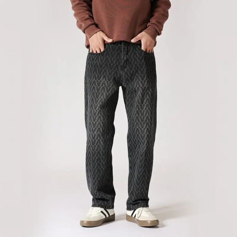 Новое поступление мужские свободные прямые синие потертые джинсы с принтом на