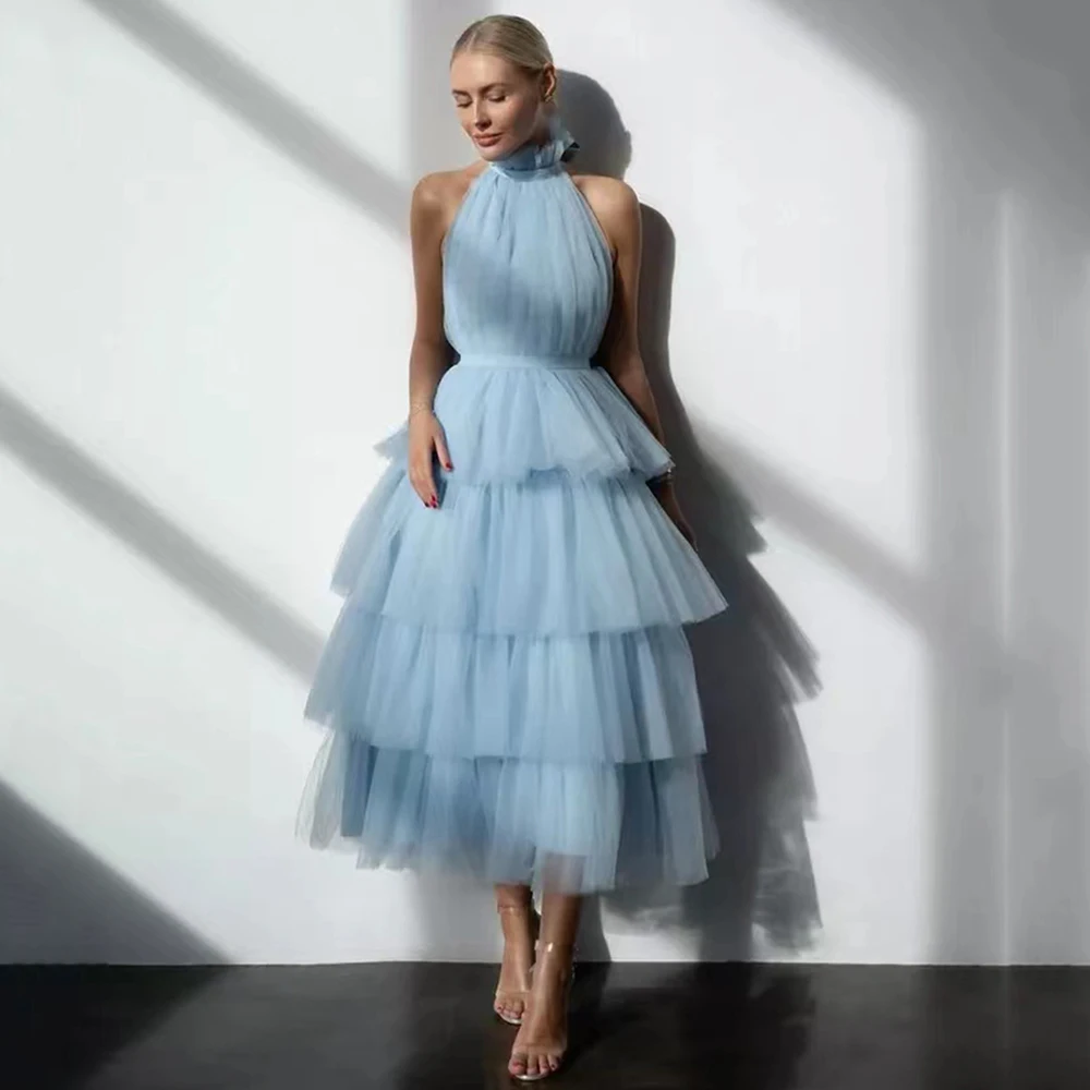

Sexy Ruffles Tulle Short Prom Dresses High Neck Tiered Tea Length Evening Party Gowns Formal Dress Backless Gown For Women