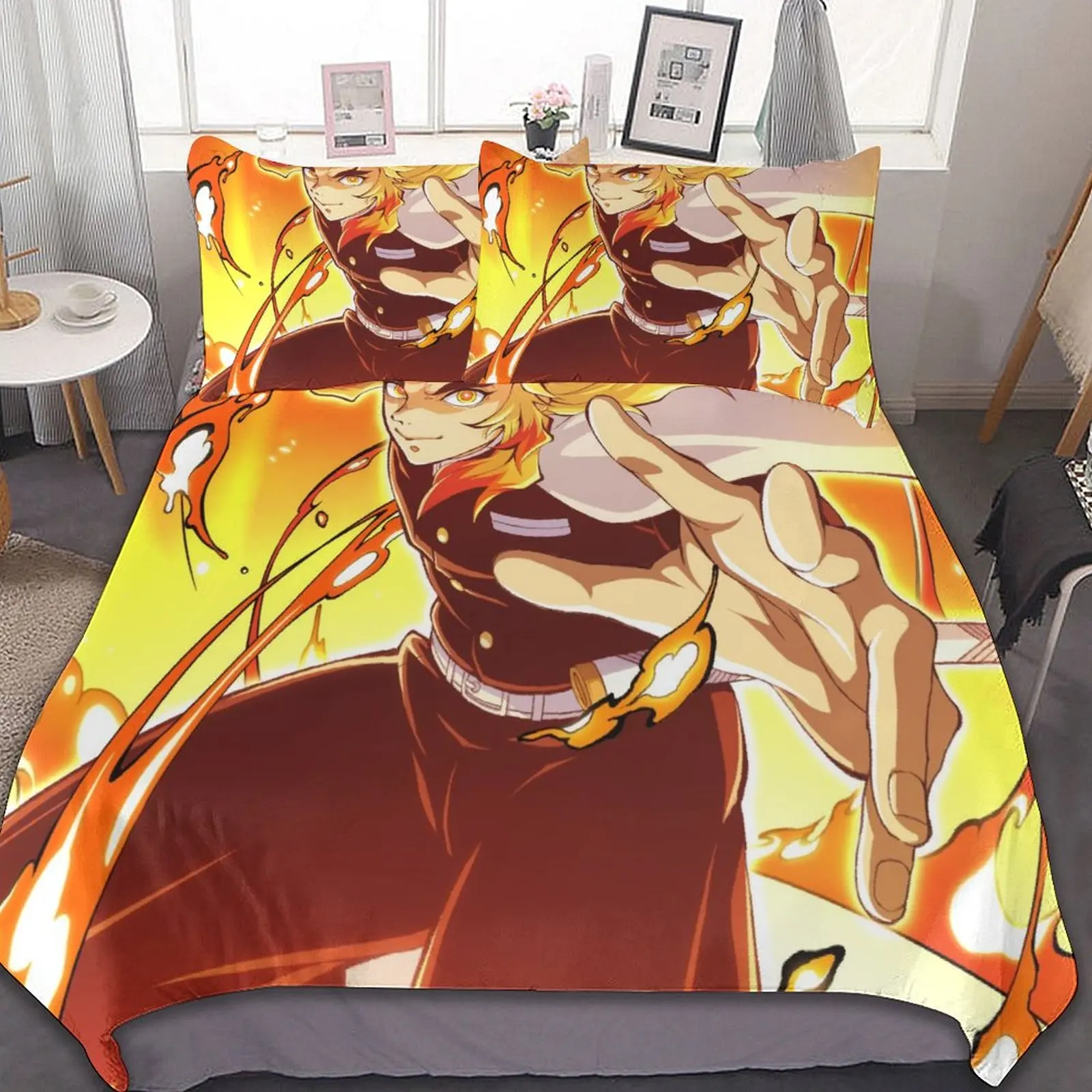 

3-Piece Bedding Set (1 Duvet Cover + 2 Pillow Shams) Kyojuro Rengoku Style 86"x70",79"x90",90"x90"