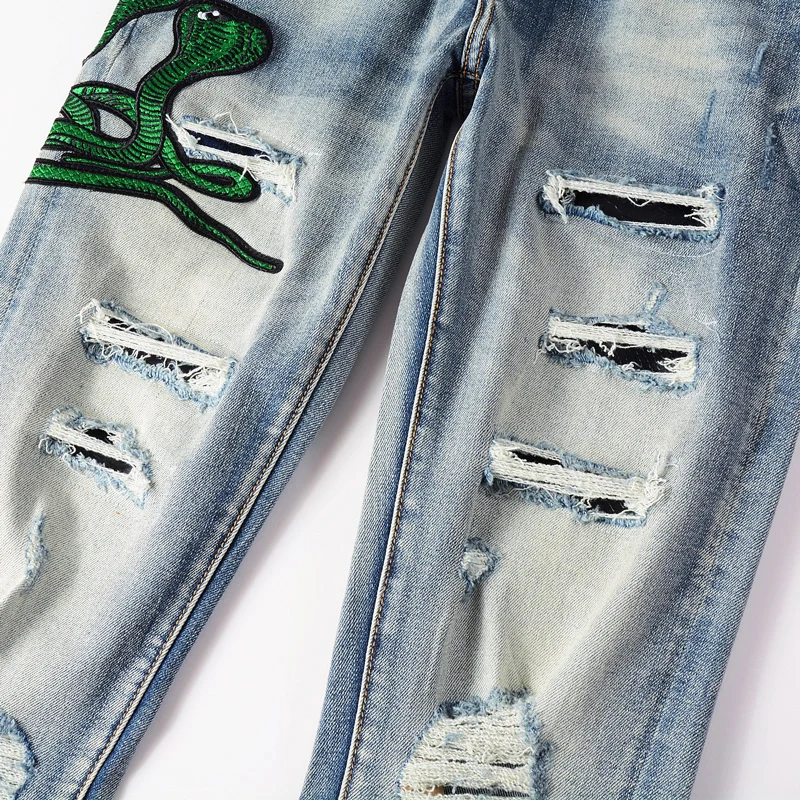 Street Fashion Men Jeans Leather Patch Retro Blue Stretch Skinny Ripped Jeans Men Three Headed Snake Design Hip Hop Brand Pants