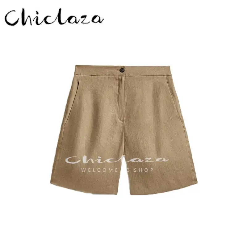 

CHICLAZA 2022 Summer Women Fashionable Linen Short Loose Straight Pants Female Solid Color Simple Casual Bottoms