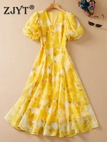 zjyt runway summer fashion puff sleeve floral print yellow dress women elegant v neck midi party chiffon vestidos holiday robes