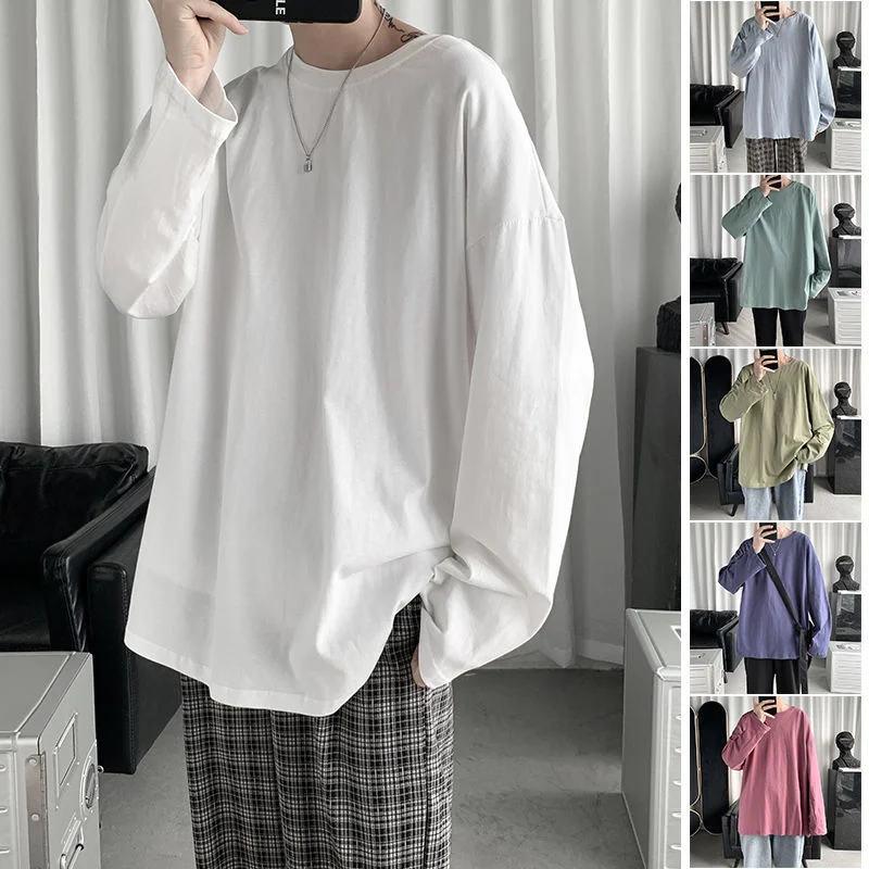 

Однотонная мужская футболка HybSkr с длинным рукавом, 18 цветов, повседневная свободная Мужская футболка в стиле Харадзюку с круглым вырезом, х...