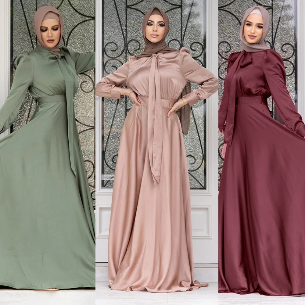 

Eid Ramadan Dubai Muslim Turkish Satin Abaya Jalabiya Women Moroccan Caftan Party Maxi Dress Arab Kaftan Ribbon Robe Gown Abayas