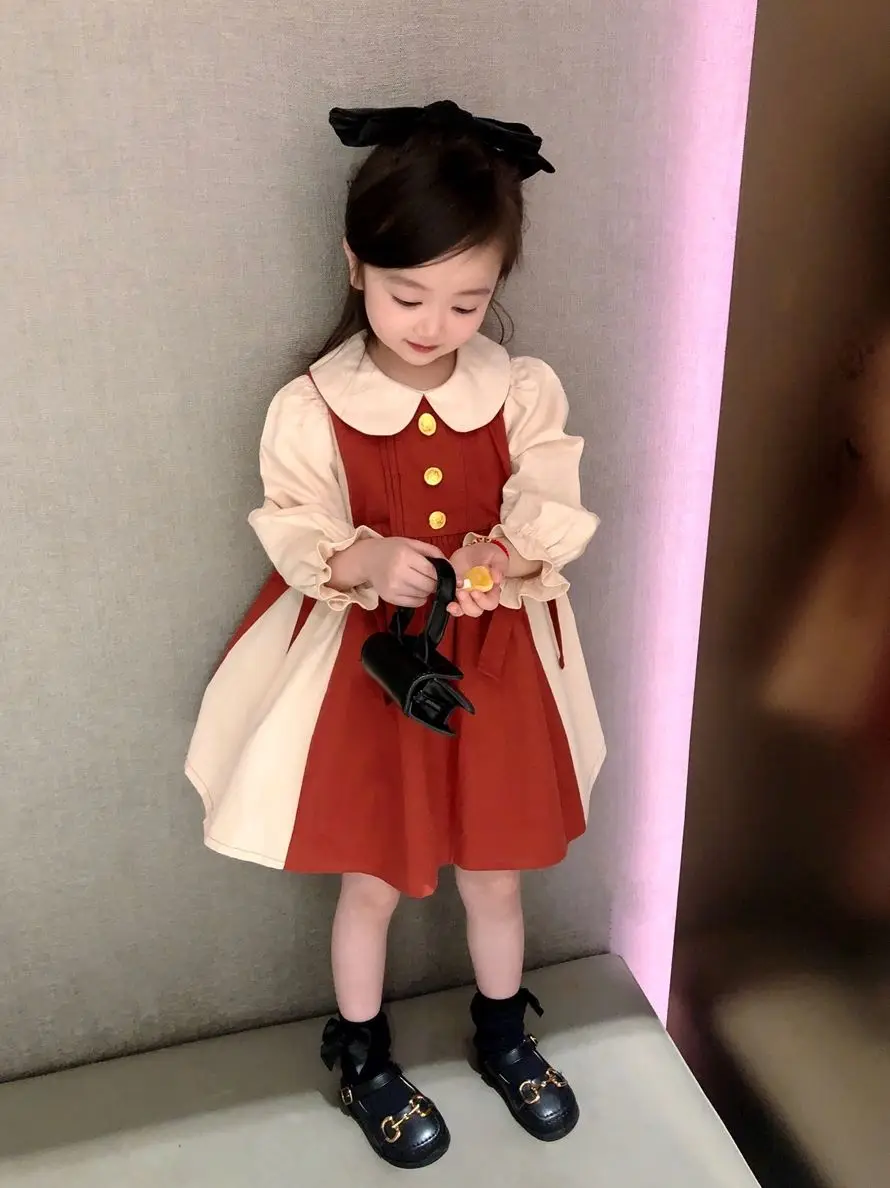 

2023 Autumn New Kids Clothing Baby Girls Solid Color Princess Sweet Cute Fashion Contrast Color Doll Collar Lace Collar Pleated