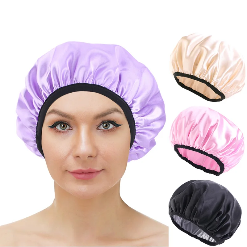

Satin Shower Cap Double Layer Resuable EVA Waterproof Bath Hat Solid Color Elastic Barthroom Women Hair Cover Supplies