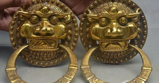 

8inch China FengShui Brass Door Guardian Lion Head Beast Statue Door Knocker Pair