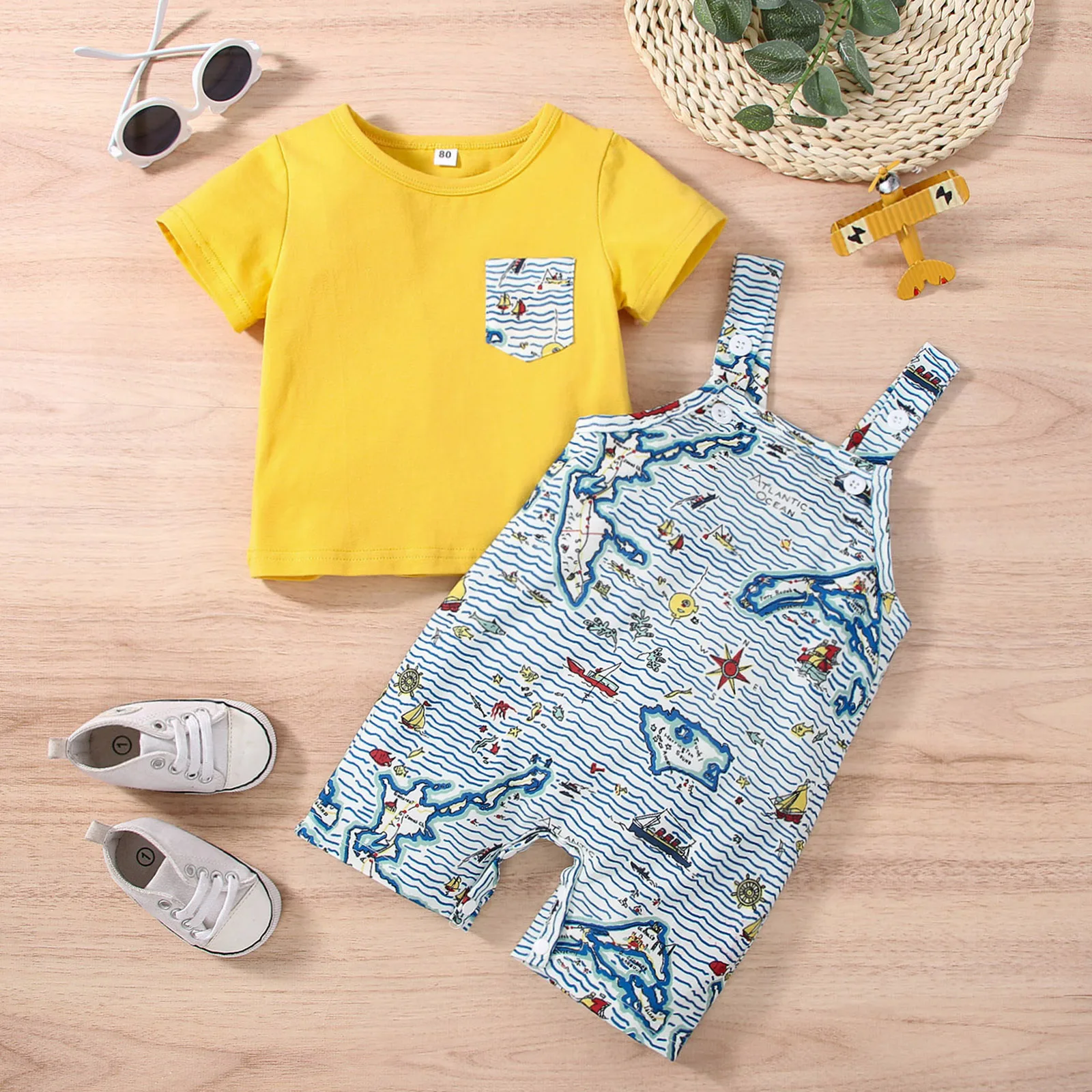 

0-18 Months Infant Baby Boy Summer Clothes Set, Short Sleeve Round Neck T-shirt + Cartoon Print Suspender Jumpsuit