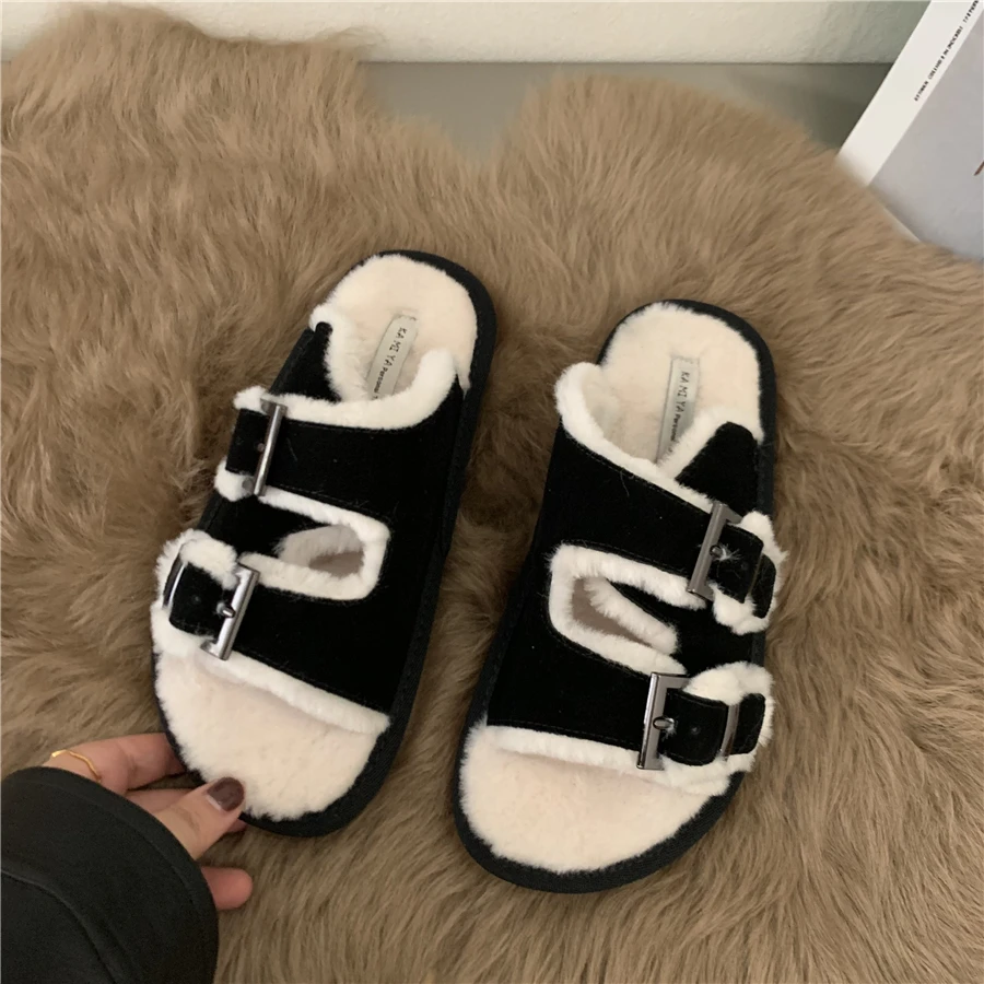 

Женские уличные меховые сандалии, модные теплые Шлепанцы из искусственной замши, зимняя повседневная обувь для женщин, 2022