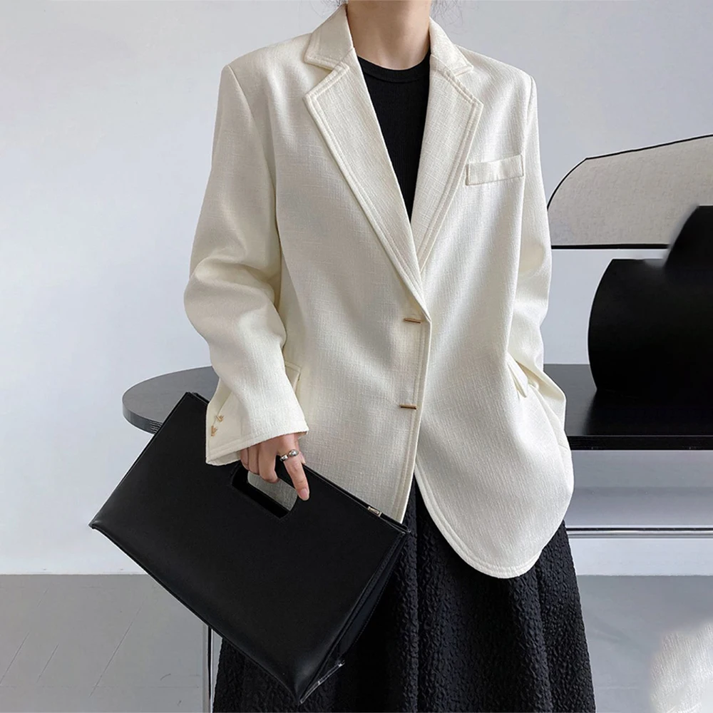 Elegant Loose Temperament Jacket Female Lapel Long Sleeve Chic Button Pocket Solid Blazer For Women Fashion Casual Coat 2023 New