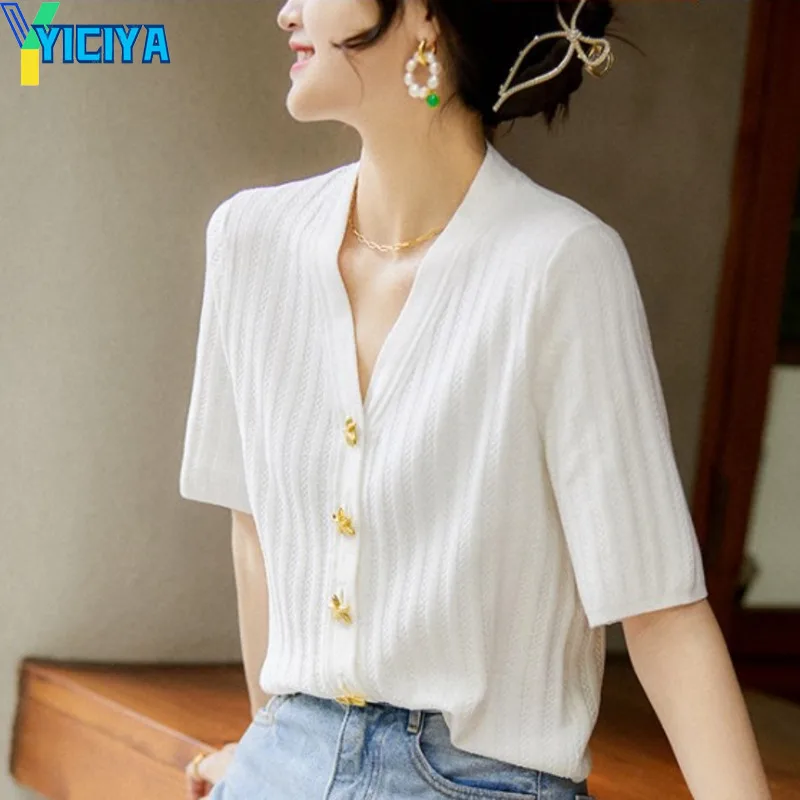 

YICIYA V-Neck Knitted Cashmere Sweater Cardigan Female Wool Womens Clothing Vintage Short Sleeve 2023 New Woman's Clothing Tops