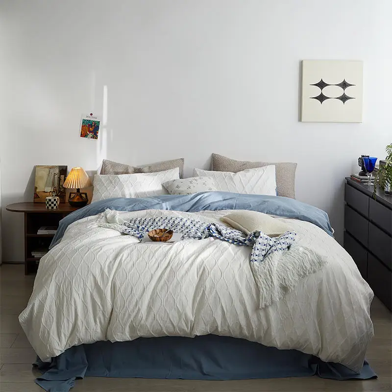 

Комплект постельного белья из мытого хлопка, белый однотонный мягкий комплект для двуспальной и двуспальной кровати, пододеяльник, простыня на плоской подошве