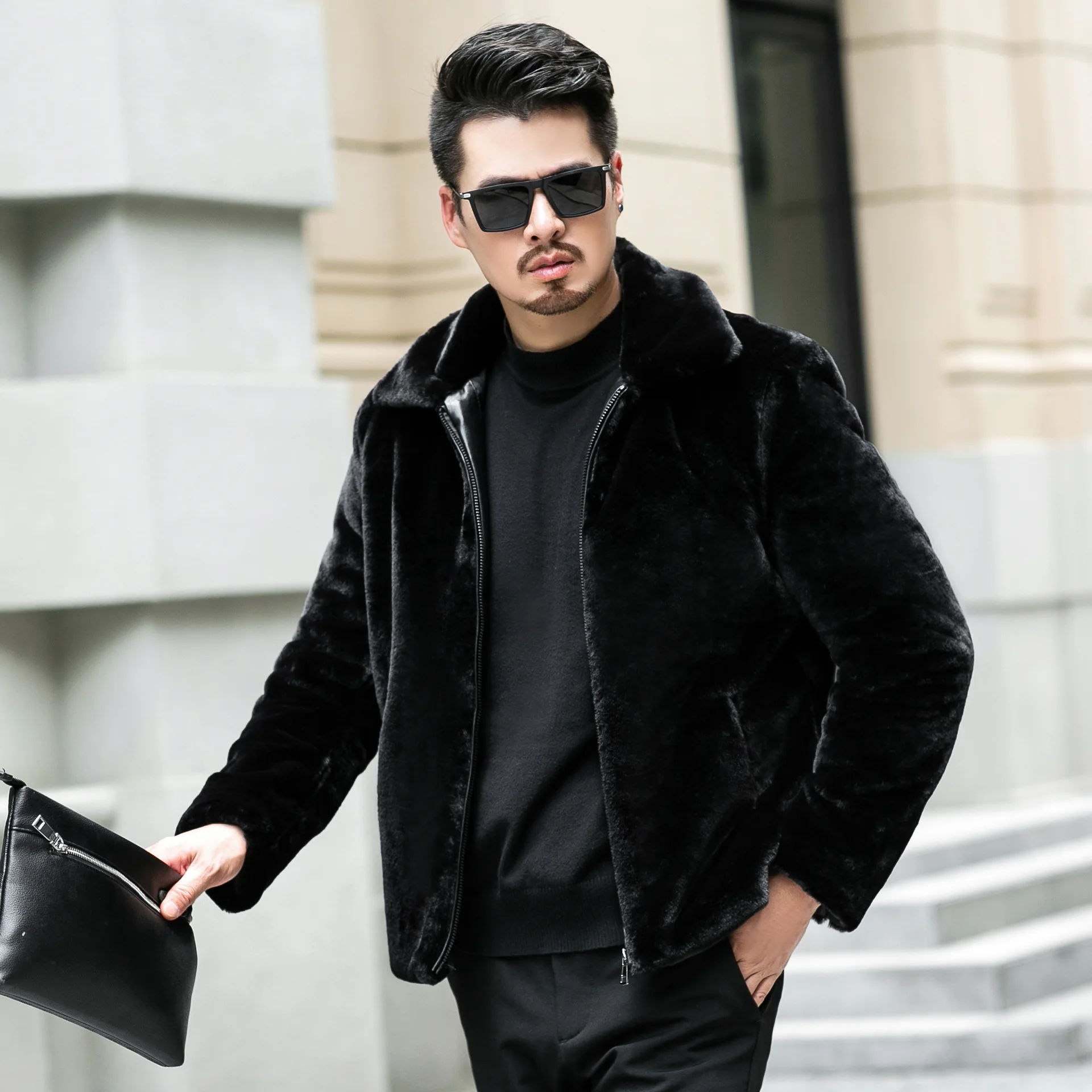 

Winter coat hooded imitation mink fur warm fashion high quality wool thickened lapel short slim men's overcoat overcoat