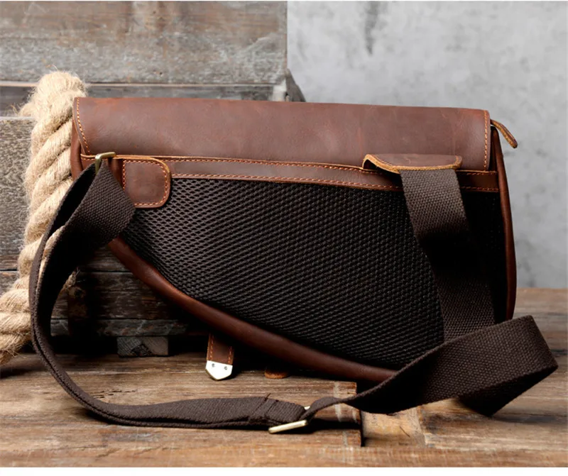 Vintage fashion designer natural crazy horse cowhide men's chest bag casual multifunctional genuine leather shoulder bag satchel