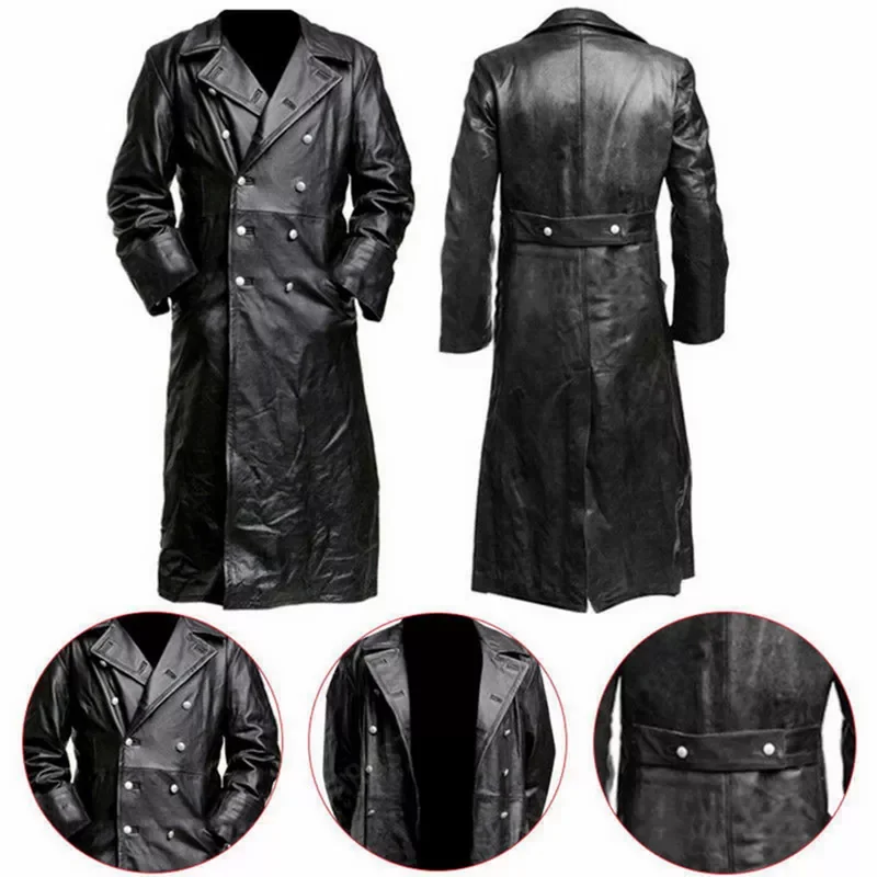 

New2022 Closure PU Leather Jacket Top Quality Long Trench Winter Men's Vintage Business Outerwear Premium Officer Black Coat