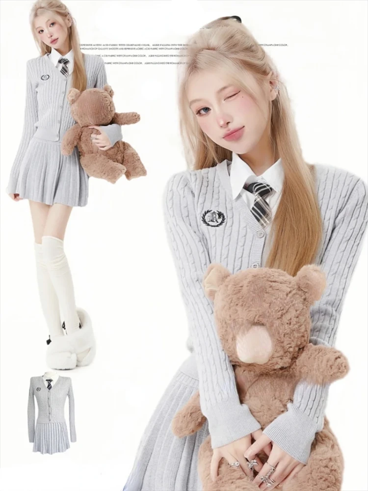 

Japan Korea Style School Uniform Girl College Style Long Sleeve Gray Knit Cardigan Dress Set Pleated Skirt Suit Knit 3 Piece Set