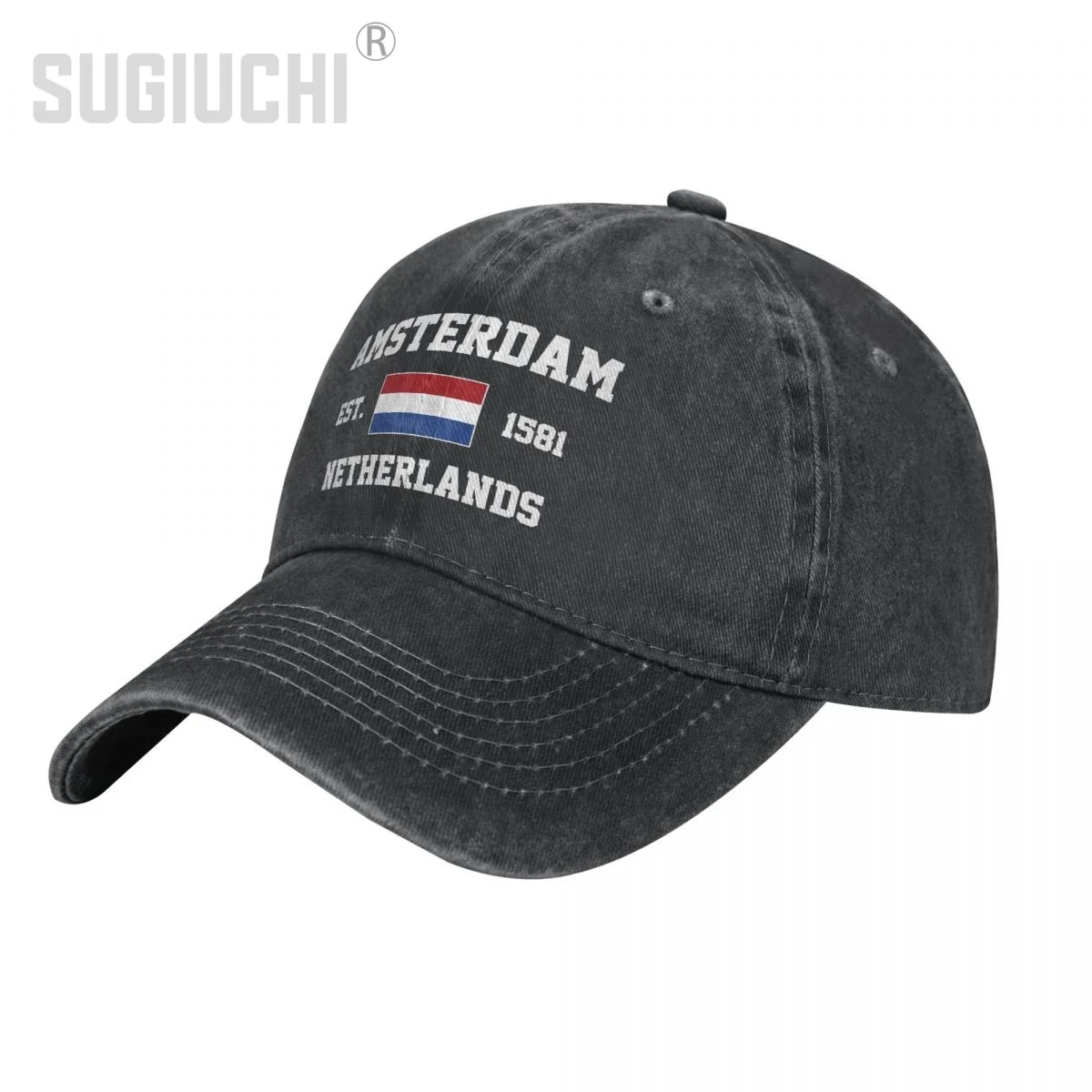 

Flag of Netherlands EST.1581 Amsterdam Unisex Adult Charcoal Washed Denim Baseball Cap Men Vintage Cotton Patriotic Trucker Hat