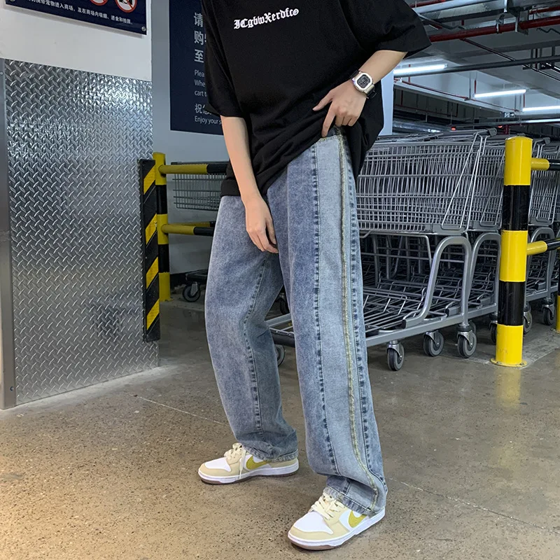 Solid Color Stitching Y2K Jeans Men's Straight Loose Pants Ins Tide Brand High Street Pendant Wide-leg Trousers Men Clothing