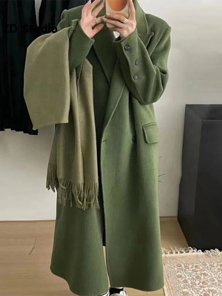 

[ZD Studio] Woolen Long Coat For Women Solid Color Notched Long Sleeves Double Breasted Clothing 2023 Autumn New