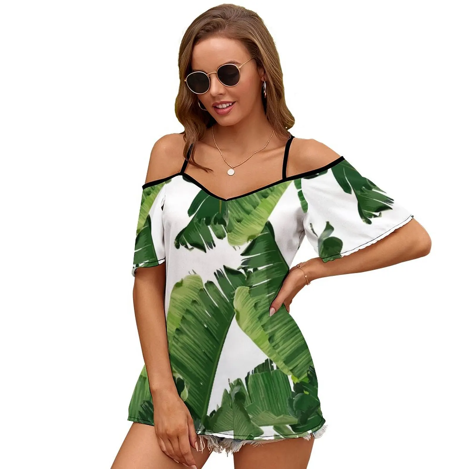 

Banana Leaves Green Women Short Sleeve Tops O-Neck Hollow Out Shoulder Strap Tees Streetwear Banana Leaves Banana Leaf Banana