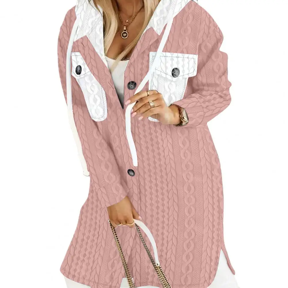 

Thick Knit Cardigan Stylish Women's Hooded Sweater Coat Knitted Contrast Color Mid Length with Pockets Split Hem for Fall/winter