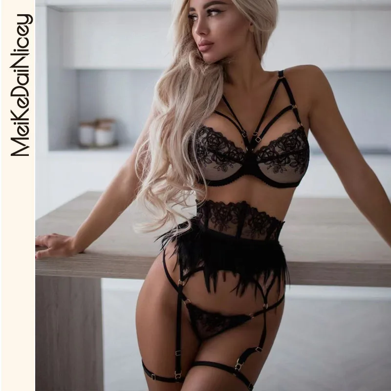 

MeiKeDai 3 шт. фантазийное женское нижнее белье с вышивкой, прозрачный бюстгальтер, роскошные кружевные интимные нежные эротические короткие ко...