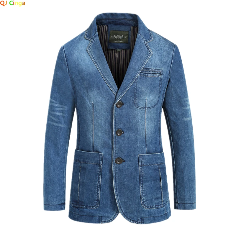 Осенняя синяя мужская джинсовая куртка однобортные повседневные пальто с