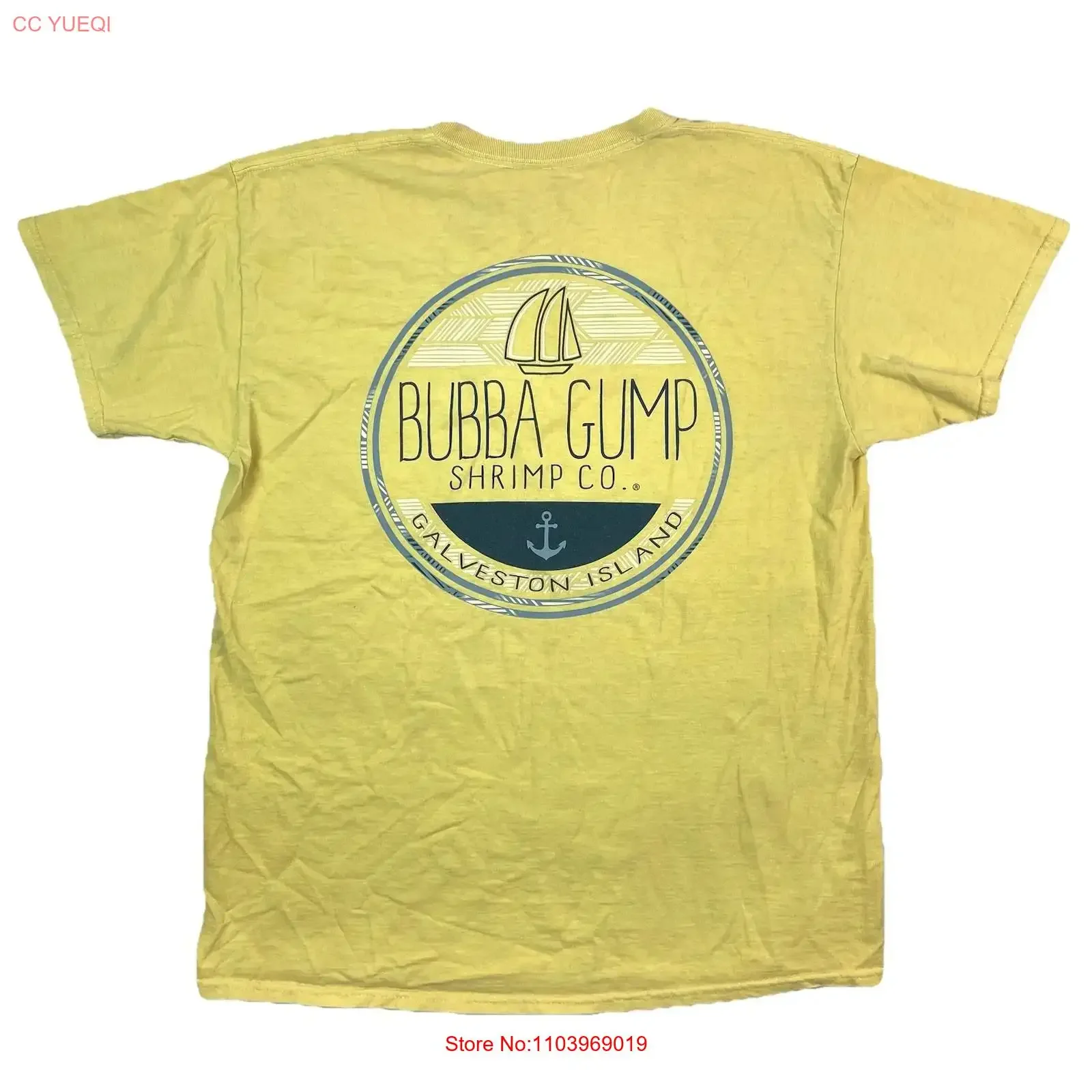 Фото Синяя футболка Blue 84 Bubba Gump Shrimp Co Galveston Island, желтая, мужская, размер L, винтажная, с эффектом потертости, модный топ для повседневной носки №1