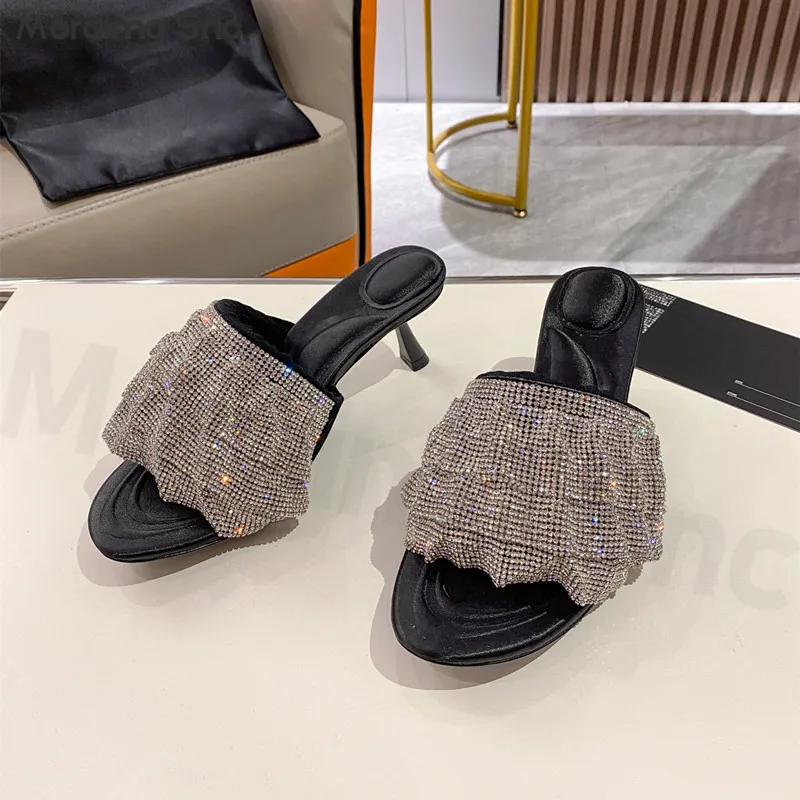 Ladies Full Diamond Rhineau Fashion Slippers 2023 New Stiletto Sexy Sandals Summer Outside Wear One Line Band Open-Toe Slippers