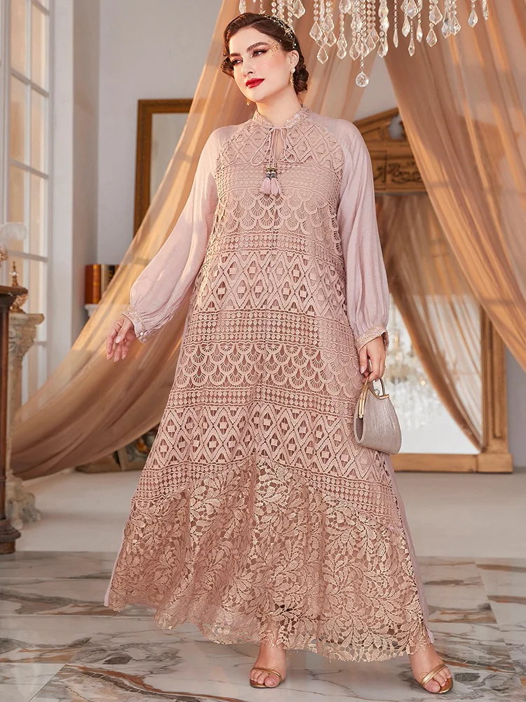 Large Size Muslim Long-sleeved Dress Stand Collar High Waist Hollow Out Temperament Elegant Tassel Style Commuting Spring Autumn