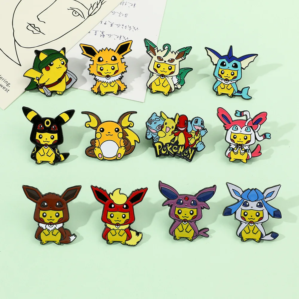 

Pokémon Cartoon Metal Emblem Brooches Anime Figures Pikachu Cross Dressing Eeveelution Lapel Pins Backpacks Badge Brooch Jewelry