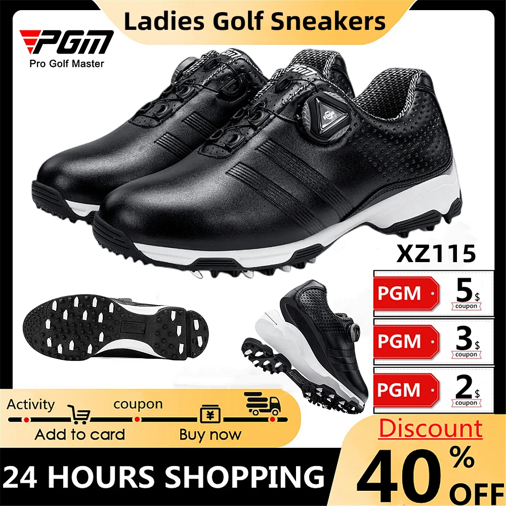 PGM Ladies Golf Sneakers New Waterproof Lightweight Knob Buckle Lace Sneakers Ladies Breathable Anti-Slip Golf Shoes Black XZ115