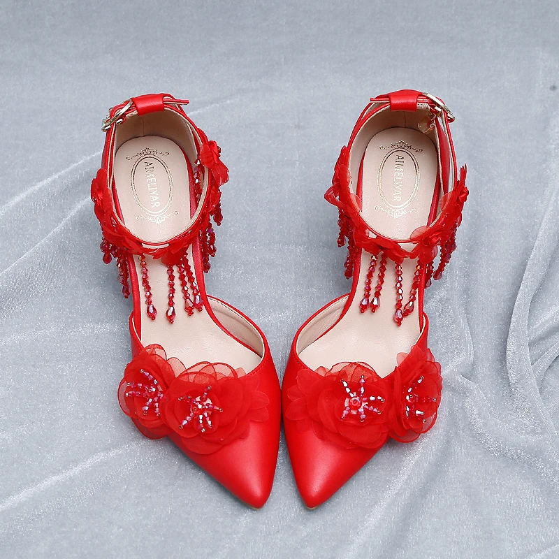 

Босоножки для свадьбы, вечеринки, красный острый полый сетчатый цветок, Красный Кристалл, модные свадебные высокие каблуки, встроенные кист...
