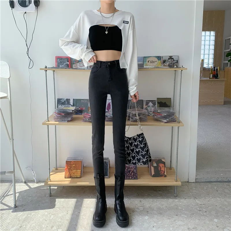 N0425  New Korean style high-waisted slim-fitting elastic tight-fitting pencil pants jeans