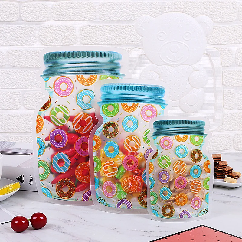 

3pcs Mason Bottles Type Bags Donut Print Candy Snacks Sealed Plastic Bags for Home Storage Supply Donut Birthday Party Decor