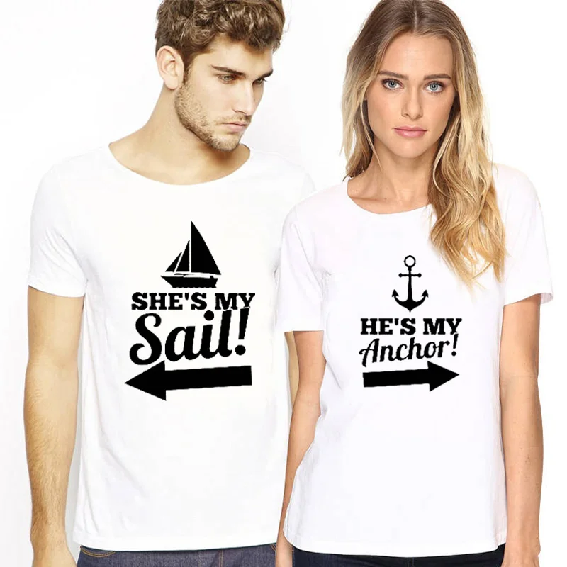 Women Summer Style Female T-shirt Couple Clothes Letter Print He Is My Anchor T Shirt for Lovers Funny |