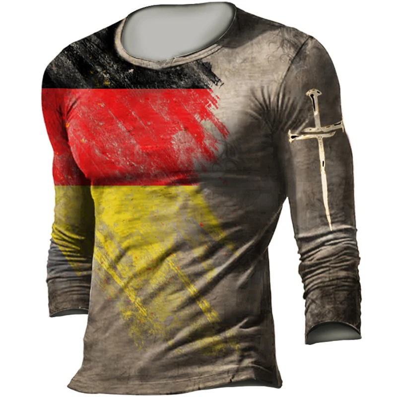 

Autumn Cotton Long Sleeve T-Shirt For Men German Flag Color Printing Street Fashion Retro Men's T-Shirt Oversized Clothing