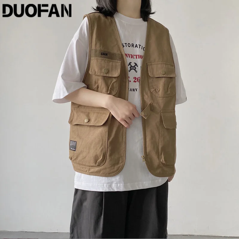 

DUOFAN Tooling Vests Women Baggy Simple Couple Popular Sleeveless Jackets with Pocket Vintage Solid Teens Chic High Street Vest