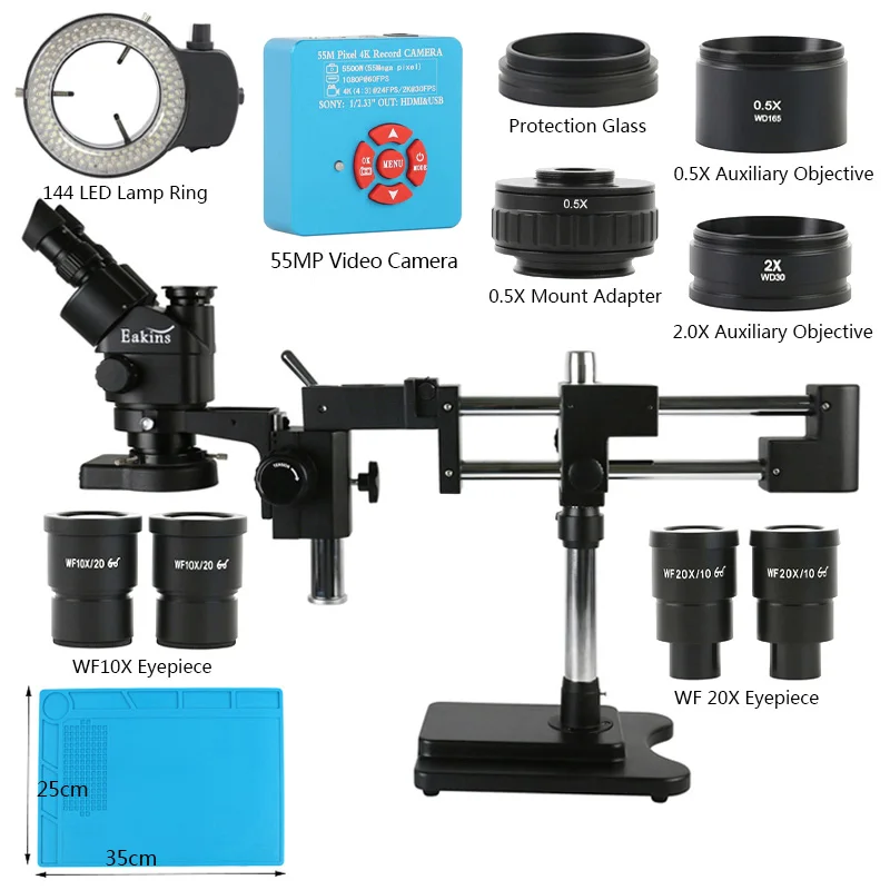 

Zoom 3.5X-90X Simul Focal Trinocular Stereo Microscope Double Boom Arm Stand Option 55MP 48MP 4K Camera For PCB Repair Soldering